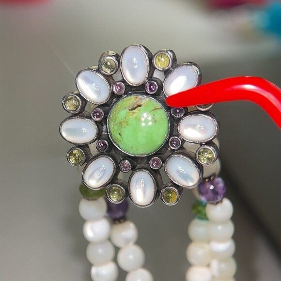 Stunning 925 Vintage Double Strand Flower Stones Necklace - Picture 3 of 9